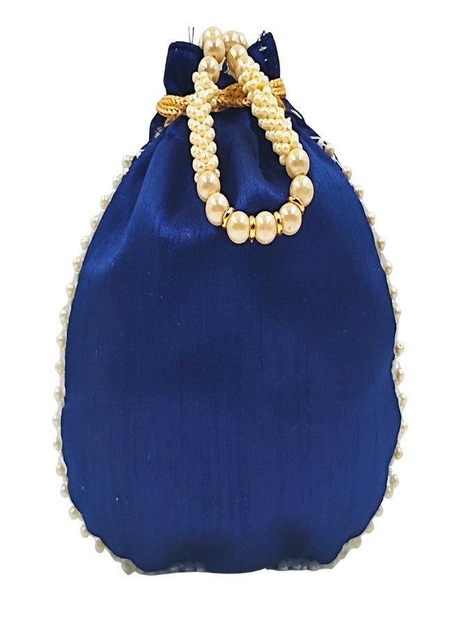 exotique Blue Embroidered Potli Bag for Women | Designer Silk Potli with Pearl Bead Handle & Tassels | Bridal, Wedding & Festive Pouch | HW0020BL - Image 2